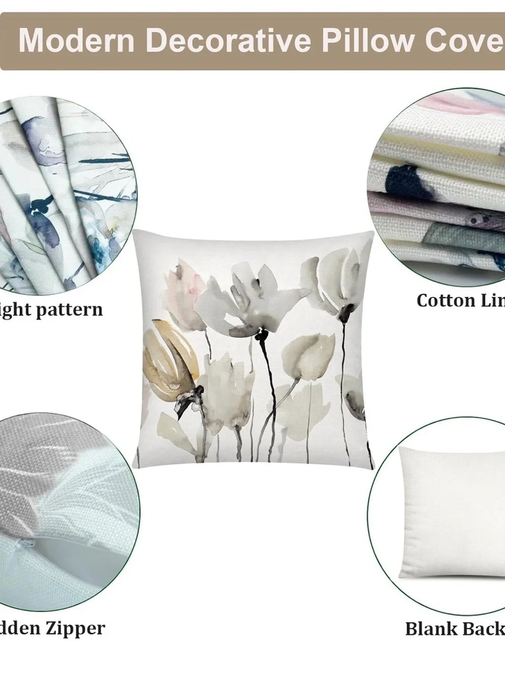 Watercolor Floral Throw Pillow Covers - Soft Neutrals Set of 6